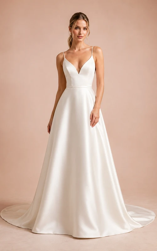 Simple Satin Plunging V-Neck Studio A-Line Bridal Gown