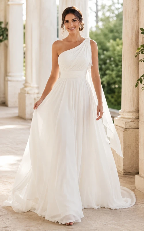 Robe de mariée élégante à une épaule en mousseline drapée, coupe trapèze, traîne, idéale pour la plage