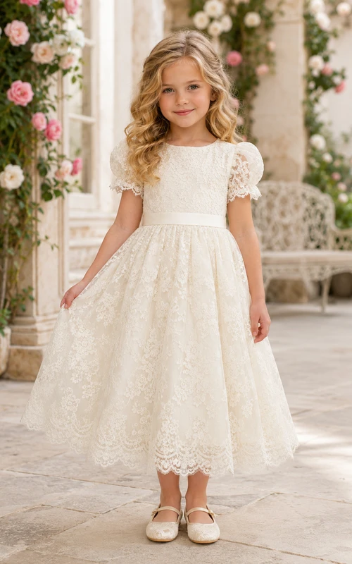 Elegantes Tüll-Blumenmädchenkleid mit Spitzenoberteil