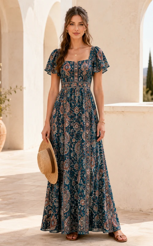 Teal Paisley Print Square Neck Flutter Sleeve Maxi Dress