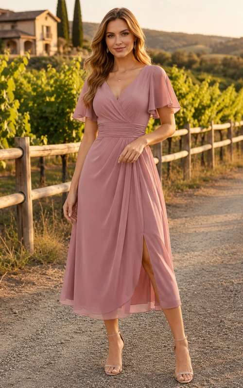 Dusty Rose Winery Garden Wedding Guest Bridesmaid Cocktail Formal Dress A-Line Tea-Length V-Neck Short Sleeve Chiffon Ruched Zipper Back