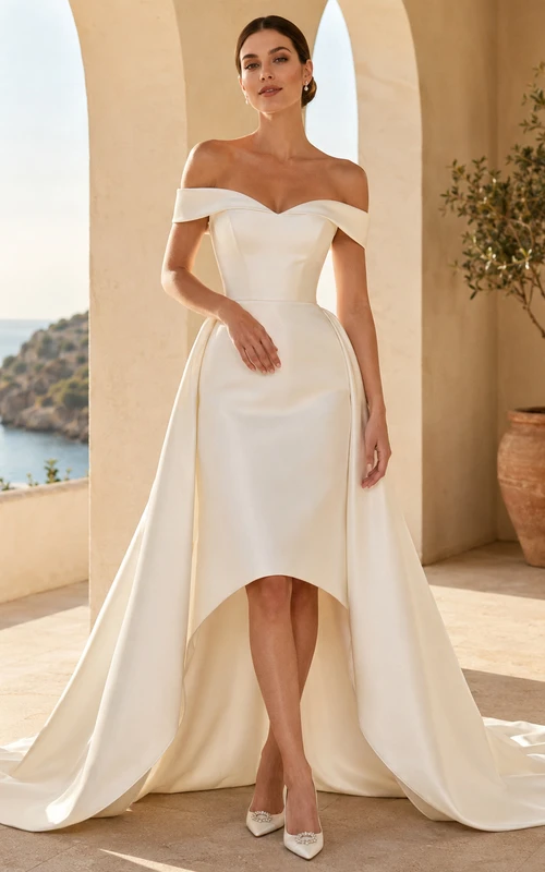 Modernes schulterfreies Brautkleid aus Satin mit asymmetrischem Saum, Kathedralenschleppe und hohem/tiefem Rock