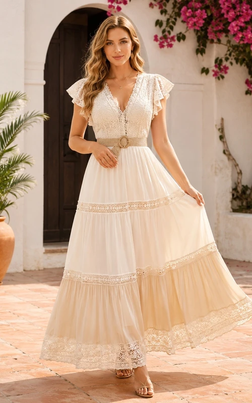Boho-Kleid in Teelänge, elfenbeinfarben, mit Blumenmuster, V-Ausschnitt, kurzen Ärmeln und Stufenrock