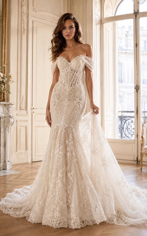 Robe de mariée sirène luxueuse en dentelle, décolleté cœur, manches courtes, traîne cathédrale, jupe amovible, idéale pour un mariage champêtre.