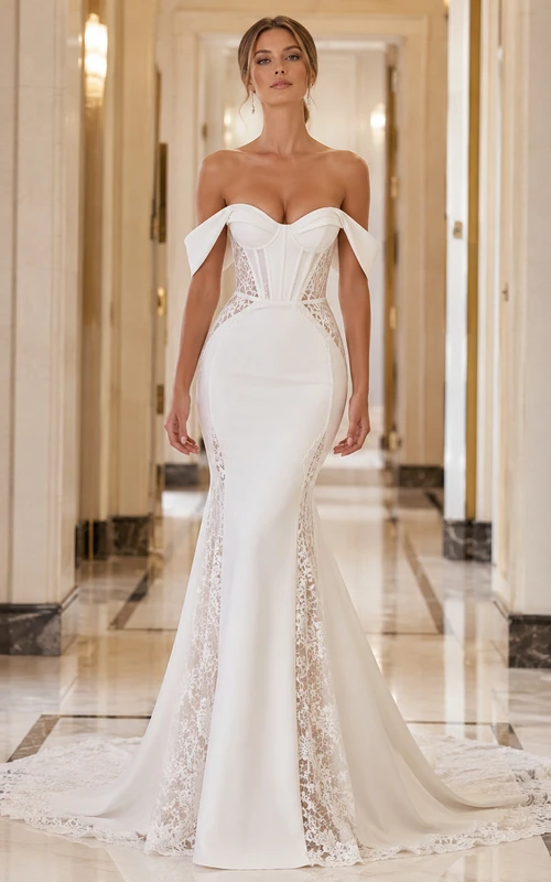 Robe de mariée sirène en satin et dentelle épurée, épaules dénudées, manches courtes et traîne chapelle, inspirée par Lakeside Bridal