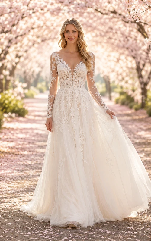 Vestido de novia bohemio de corte A con mangas de encaje y estampado de flores de cerezo