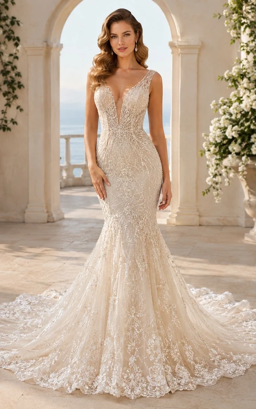 Vestido de novia de encaje con escote en V, corte sirena, cola catedral y detalles ornamentales para la ceremonia.