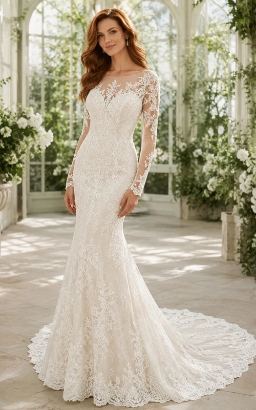 Robe de mariée sirène en dentelle harmonieuse, col montant, manches courtes, traîne chapelle, applications florales, pour le soir.