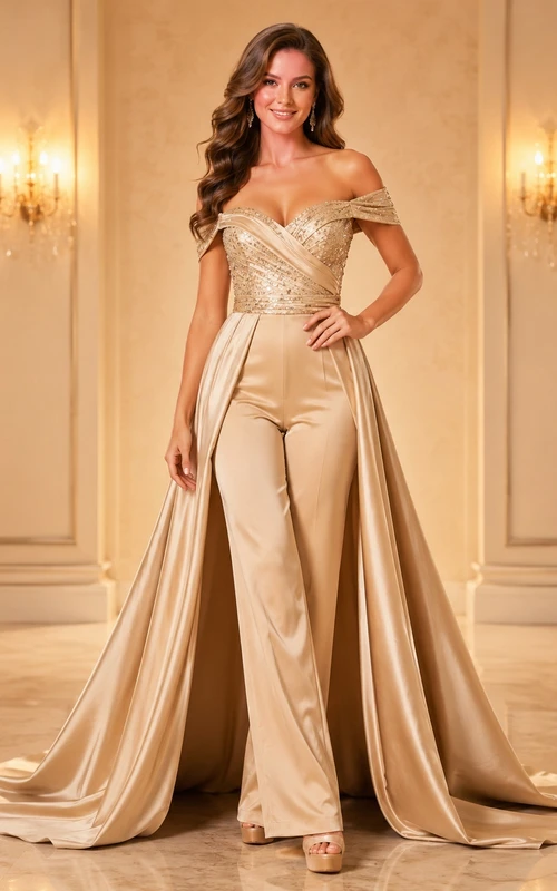 Luxury Champagne Off-Shoulder Satin Jumpsuit Court Train Pageant Evening Dress