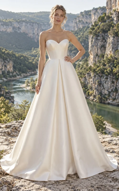 Vestido de novia sencillo de satén duquesa, corte A, sin mangas y con cola.