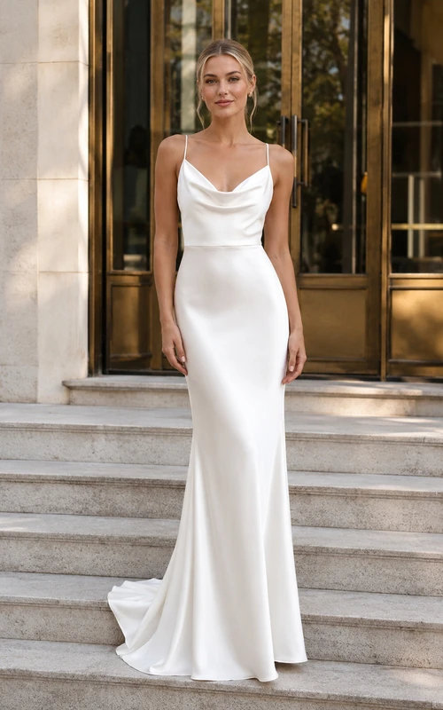 Cowl Neck Satin Sheath Civil Wedding Bridal Dress