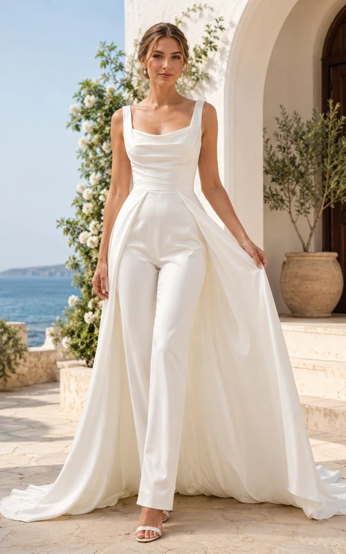 Braut-Jumpsuit mit eckigem Ausschnitt und abnehmbarer Schleppe