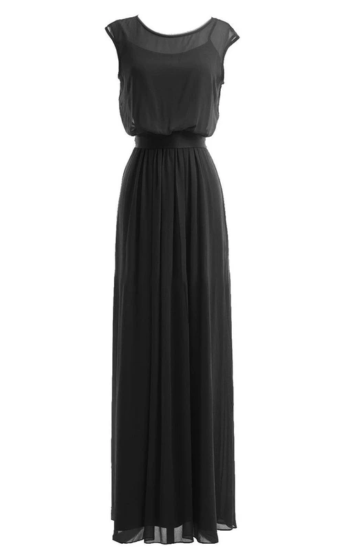 Vestido de gasa con mangas cortas y corpiño transparente.