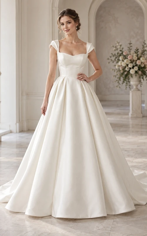 Vestido de novia sencillo de satén plisado con escote cuadrado, mangas cortas y cola de capilla