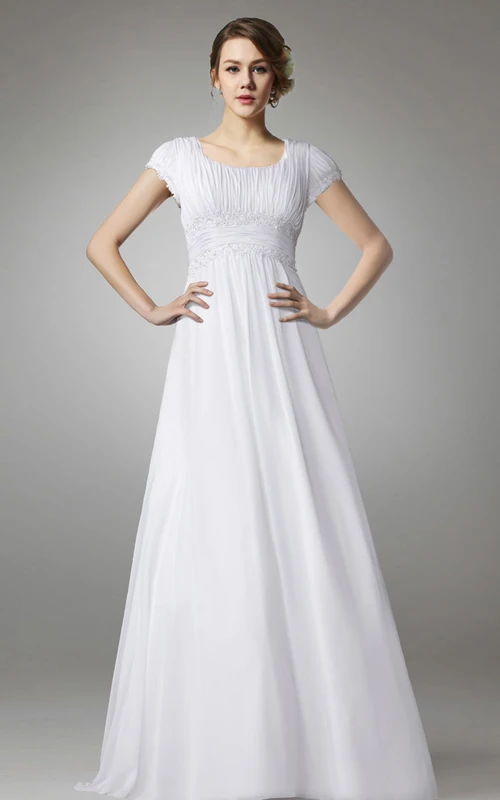 A-line Chiffon Long Modest Wedding Dress With Empire Waist