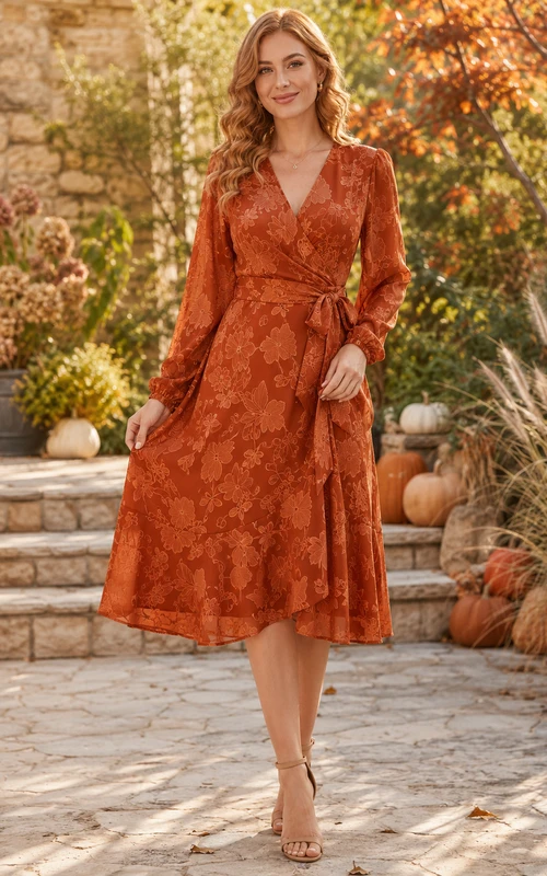 Robe de maternité orange cache-cœur, col en V, manches longues en dentelle, ceinture, coupe trapèze, longueur midi