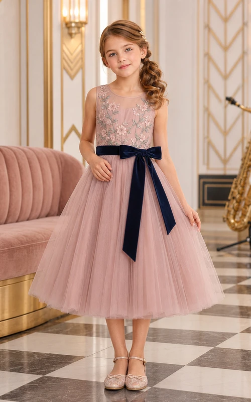 Dusty Rose Flower Girl Dress Tea-Length Embroidered Tulle A-Line Sleeveless Illusion Scoop Navy Velvet Bow
