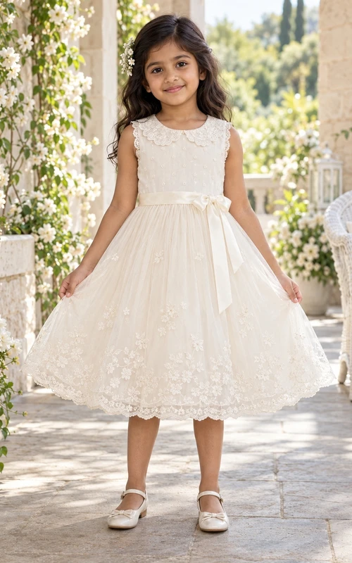 Teelanges, elfenbeinfarbenes Vintage-Kleid in A-Linie mit Spitze, ärmellos, Kragen und Muschelsaum für Blumenmädchen