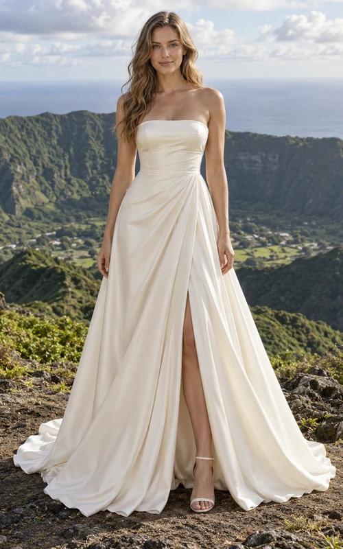 Schlichtes, trägerloses Brautkleid aus Satin mit seitlichem Schlitz, Drapierung und Schleppe