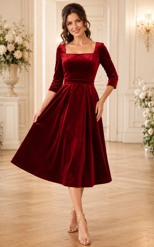 Vestido midi de terciopelo rojo con escote cuadrado y manga corta, corte en A, ideal para invitadas.