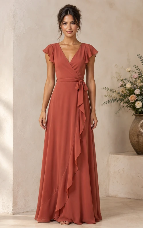 Papaya V-neck Ruffle Wrap A-Line Chiffon Bridesmaid Dress