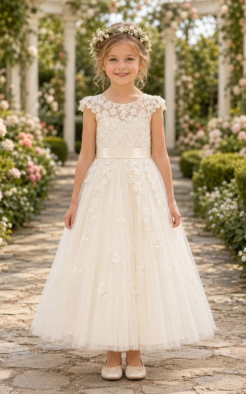 Robe de demoiselle d'honneur en dentelle ivoire et tulle, coupe trapèze, manches courtes, col rond, longueur midi, détail ceinture.