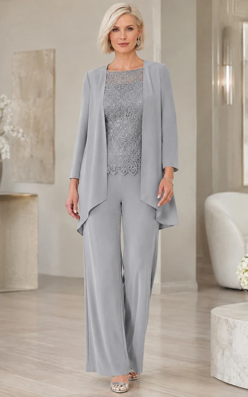Steel Grey Modest Jewel Chiffon Long-Sleeve Two-Piece Mother Dress