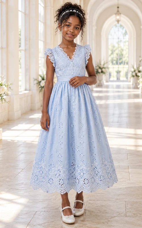 Vestido de niña de flores azul discreto, de corte A, con encaje, mangas cortas y largo hasta los tobillos, con borde festoneado.