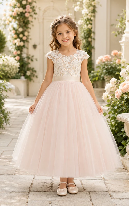 Flower Girl Dress Blush Lace Tulle A-Line Short Sleeve Jewel Neck Tea Length
