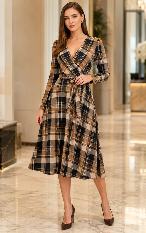 Vestido midi cruzado de manga larga con escote en V y estampado tartán color camel.
