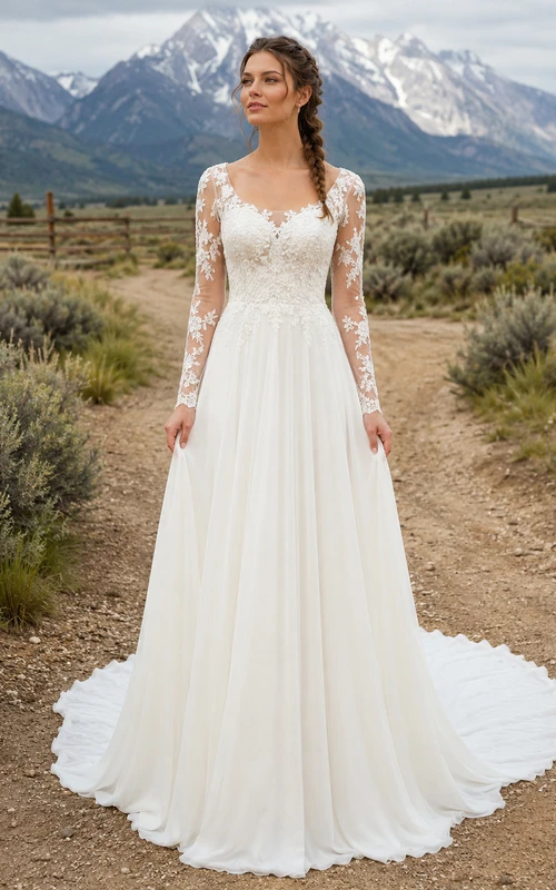 Western Rustic Lace Long Sleeve A-Line Wedding Dress