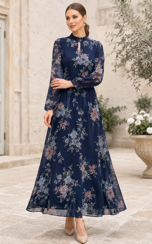 Vestido de invitada azul marino oscuro con estampado floral, cuello alto y manga larga hasta el tobillo.