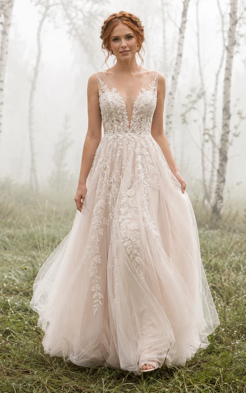 Tüllkleid mit tiefem V-Ausschnitt, Blattapplikationen und nebligem Waldmotiv