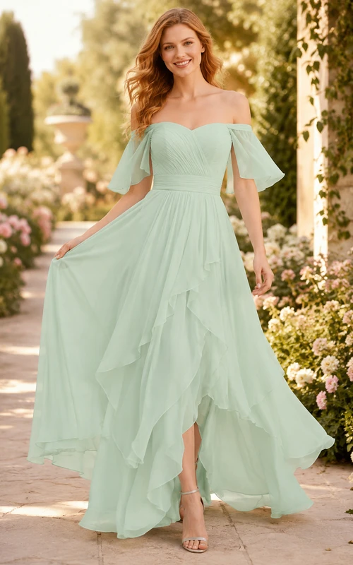 Grünes mintgrünes Chiffon-Brautjungfernkleid mit schulterfreiem Schnitt, asymmetrischem Saum und Rüschen