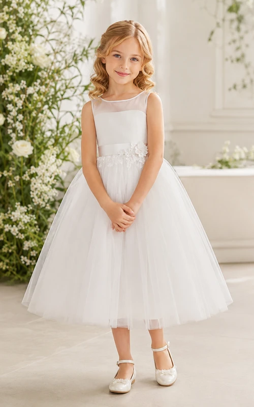 Elegantes, teelanges A-Linien-Kleid aus Tüll mit floralen Applikationen für Blumenmädchen-Hochzeiten im Gartenstil