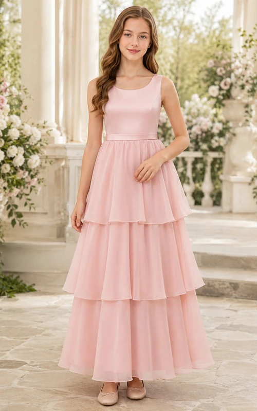 Zartrosa Brautjungfernkleid, A-Linie, ärmellos, Stufenrock