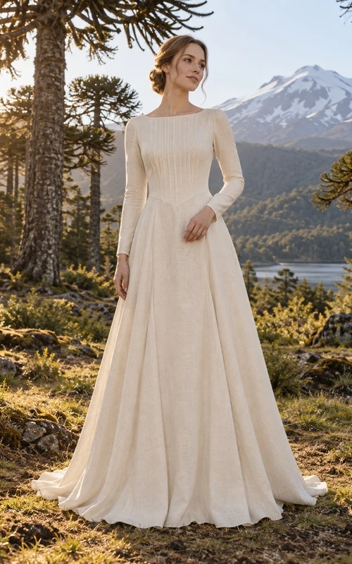 Vestido de novia sencillo y modesto de manga larga en mezcla de lino con escote barco y cintura puntiaguda.