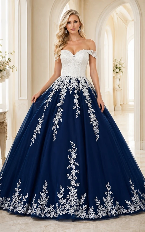 Marineblaues, botanisches Ballkleid mit schulterfreiem Schnitt, kurzen Ärmeln und Tüll-Kapellenhochzeitskleid