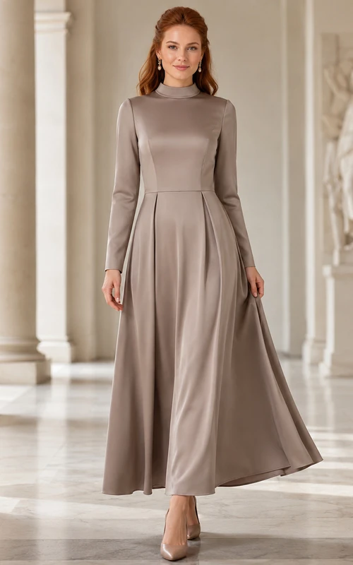 Robe midi taupe en satin à col montant et manches longues, style classique, pour une occasion spéciale.