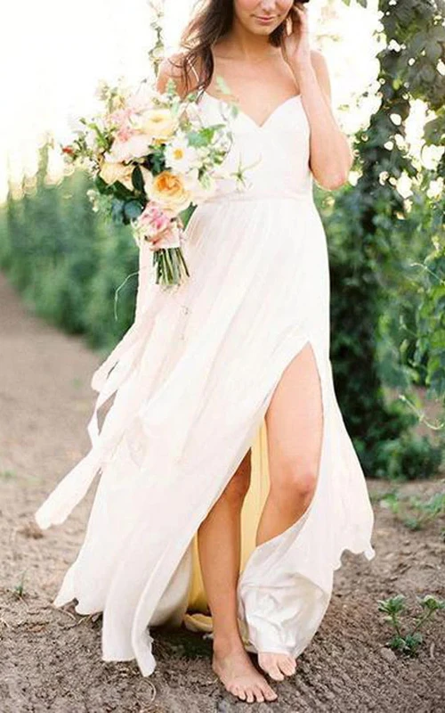 Sexy Sommer-Hochzeitskleid aus Chiffon mit Spaghetti-Frontschlitz