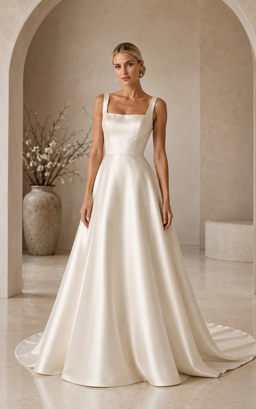 Champagne Square Neck Sleeveless Satin A Line Bridal Gown
