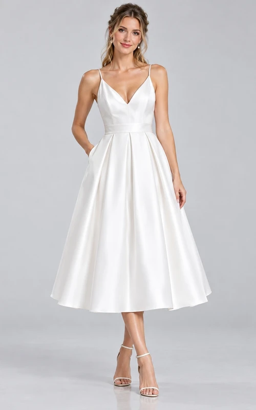 Tea-length Simple V Neck Satin Strappy Pocket Bow Bridal Dress