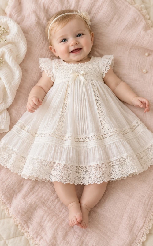 Ivory Pintucked Lace Cap Sleeve Bow Trim Baby Christening Dress