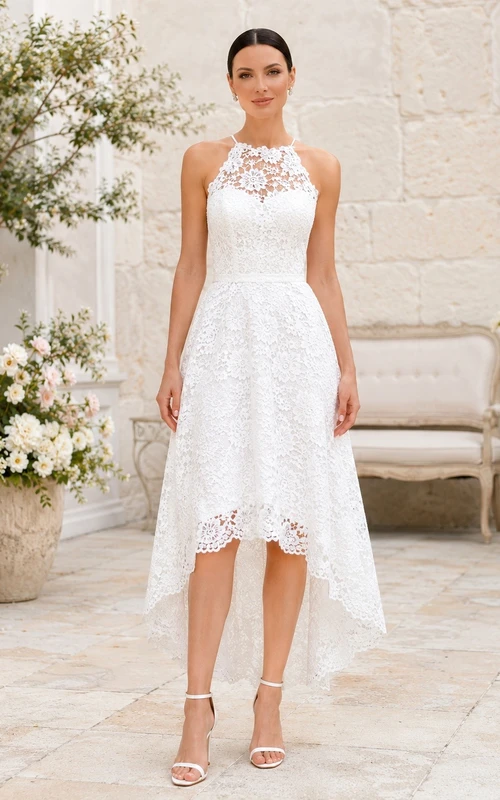 Simple Halter Sleeveless Tea-length A-line Lace Garden Dress