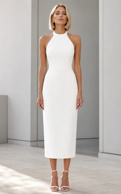 Gallery Halter White Sheath Tea-Length Sleeveless Stretch-Satin Simple Cocktail Dress