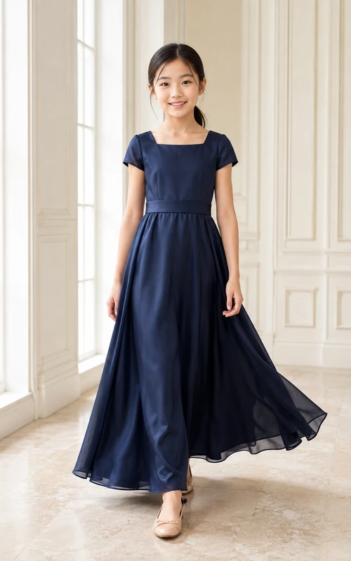 Dunkelblaues Brautjungfernkleid für junge Damen, A-Linie, eckiger Ausschnitt, kurze Flügelärmel, Satin, schlicht und elegant