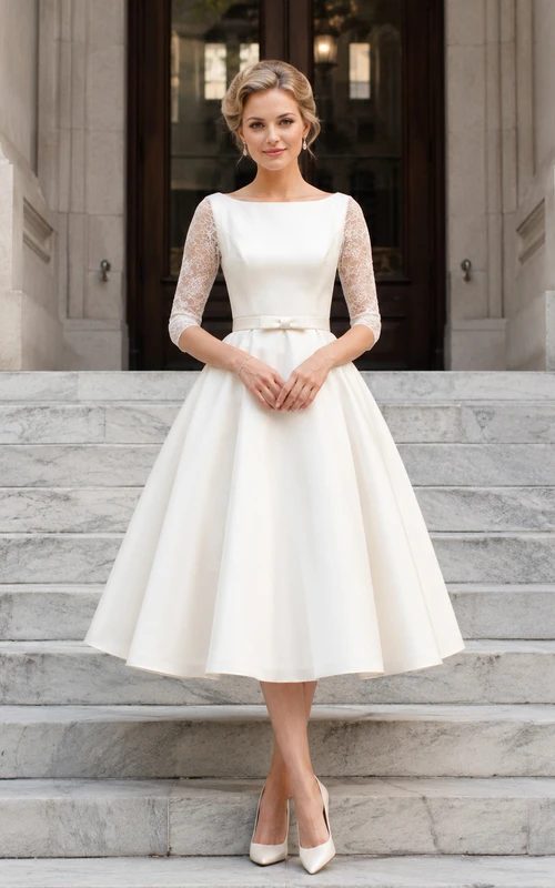 Vestido de novia de estilo vintage de los años 50 con mangas de encaje y largo hasta la rodilla, estilo juzgado.