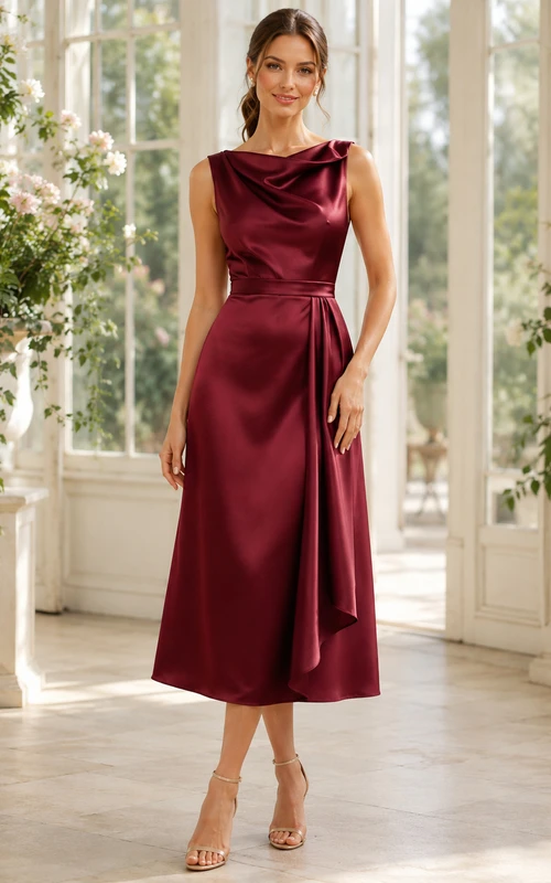 Claret Cowl Neck Draped Satin A-Line Tea-Length Wedding Guest Dress