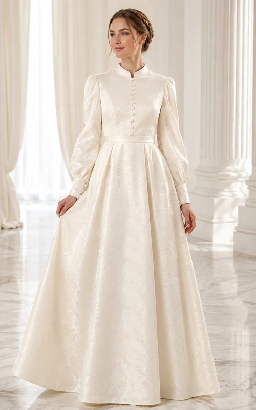 High Neck Long Sleeve Pleated Floor-length A-line Satin Modest Romantic Wedding Dress