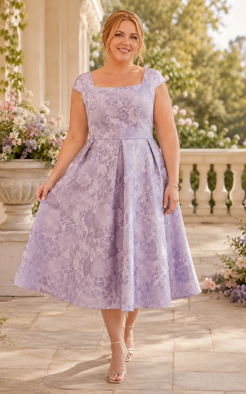 Lavender Plus Size Cap Sleeve Lace Tea Length A Line Garden Party Dress